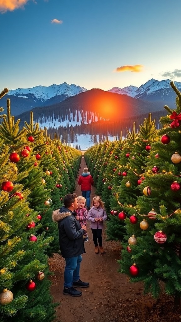 A beautiful Christmas tree farm with families choosing trees, decorated with lights and ornaments, under a sunset sky.